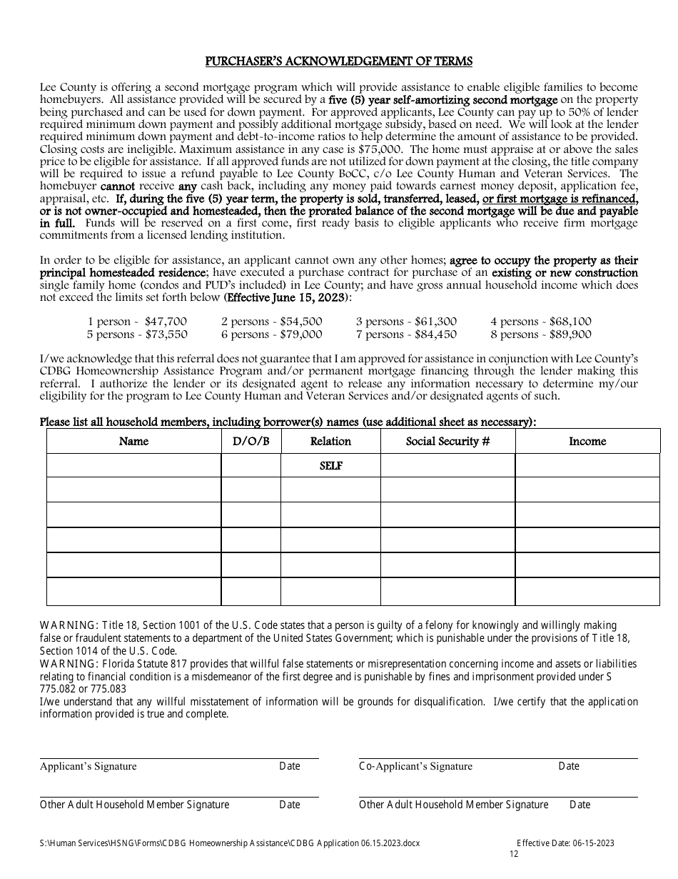 Cdbg Homeownership Assistance Application - Lee County, Florida, Page 12