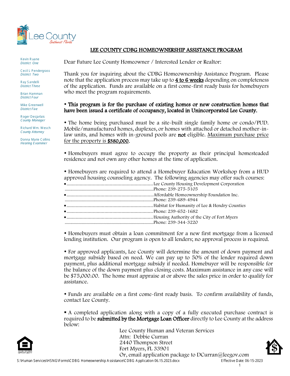 Cdbg Homeownership Assistance Application - Lee County, Florida, Page 1