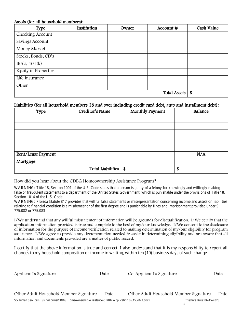 Cdbg Homeownership Assistance Application - Lee County, Florida, Page 6