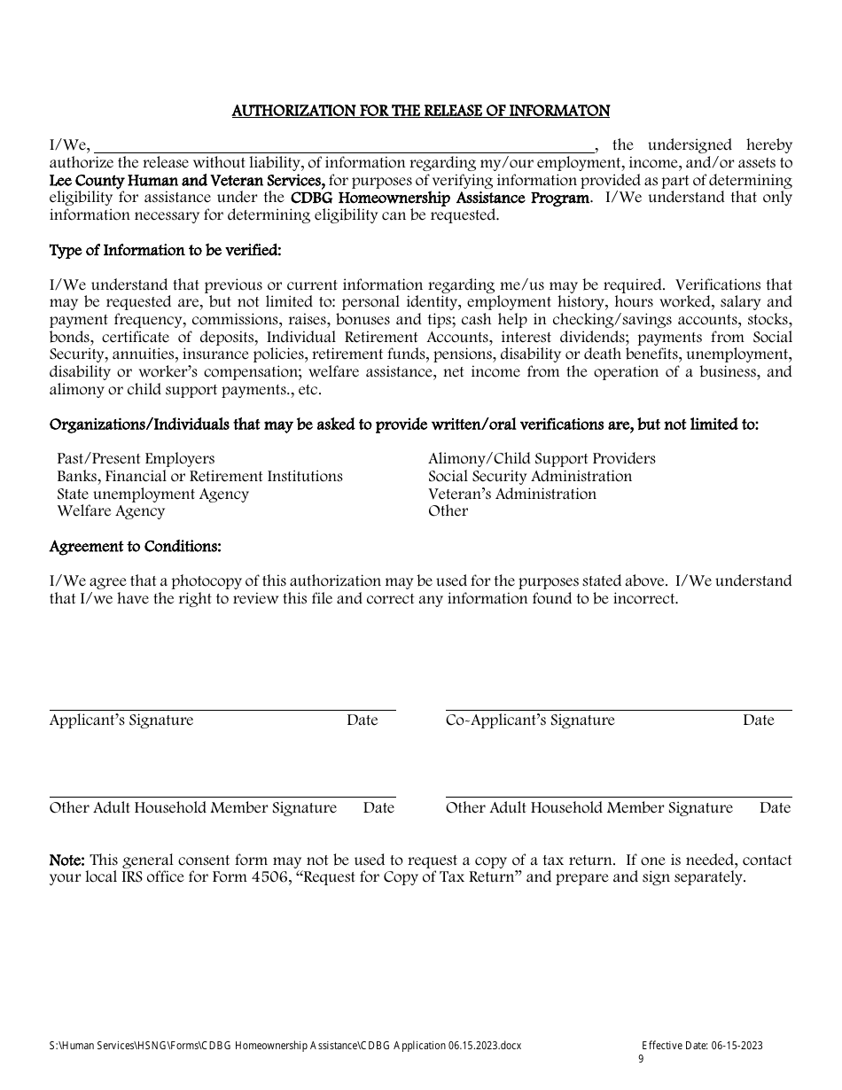 Cdbg Homeownership Assistance Application - Lee County, Florida, Page 9