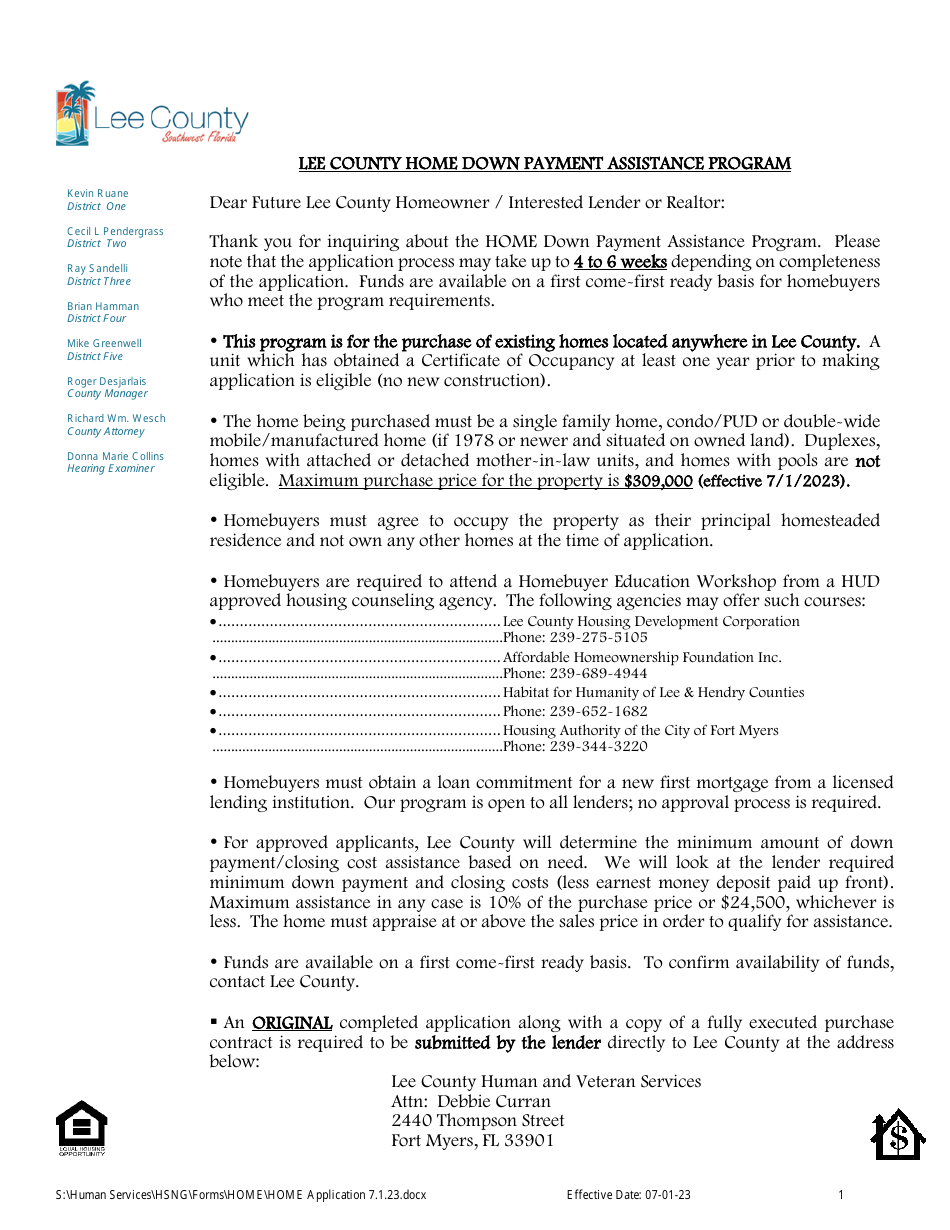 Home Down Payment Assistance Application - Lee County, Florida, Page 1