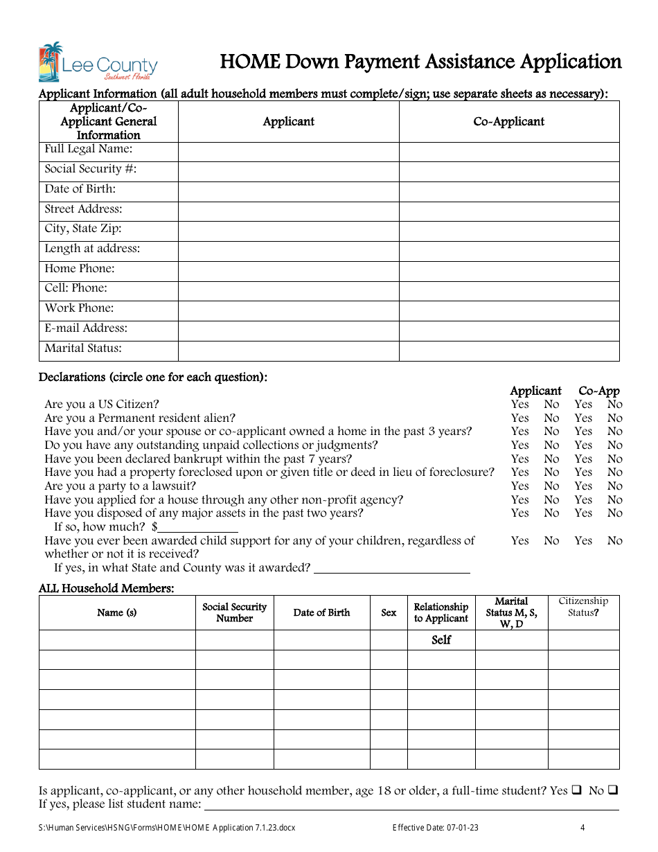 Home Down Payment Assistance Application - Lee County, Florida, Page 4