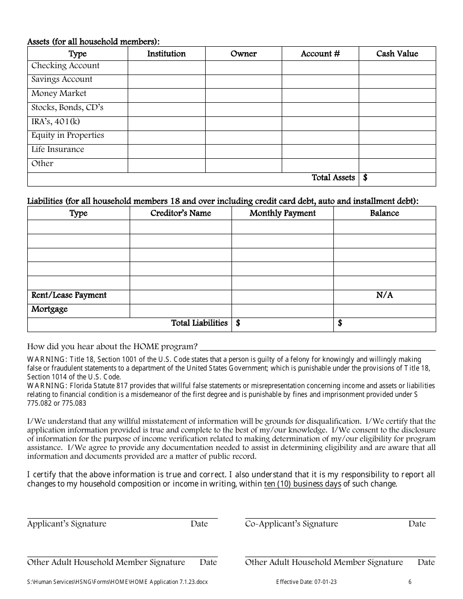 Home Down Payment Assistance Application - Lee County, Florida, Page 6