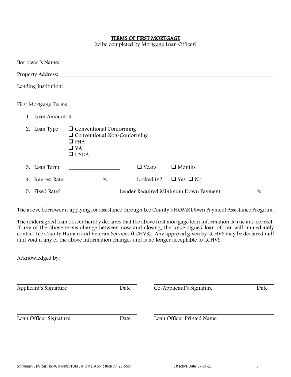Home Down Payment Assistance Application - Lee County, Florida, Page 7