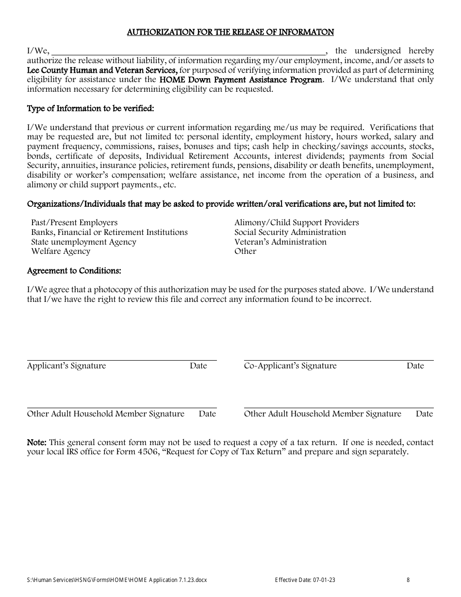 Lee County, Florida Home Down Payment Assistance Application - Fill Out ...