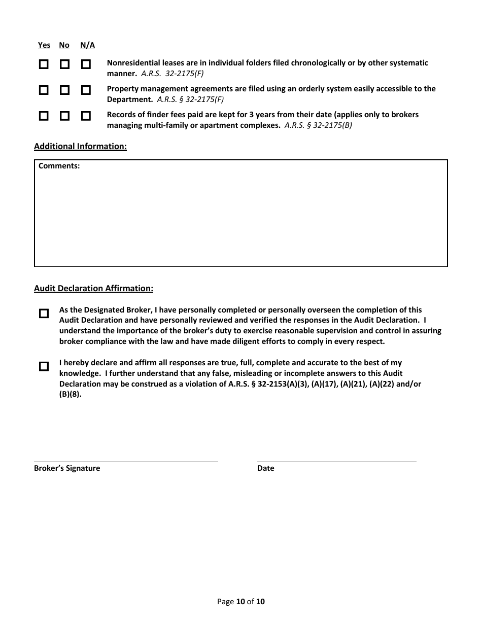 Broker Audit Declaration - Arizona, Page 10
