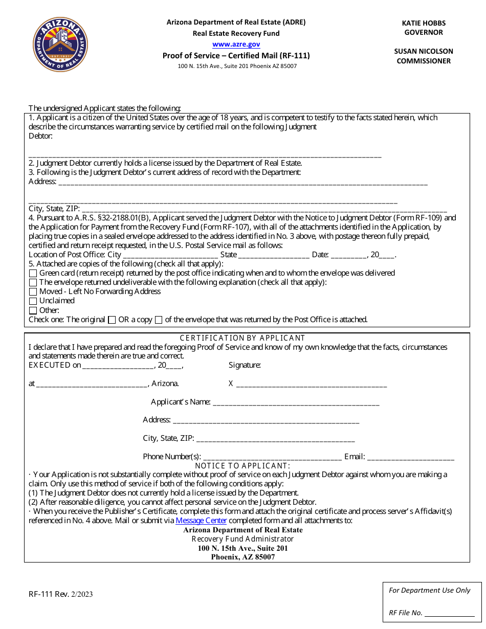 Form Rf 150 Form RF-111 - Fill Out, Sign Online and Download Fillable PDF, Arizona ...