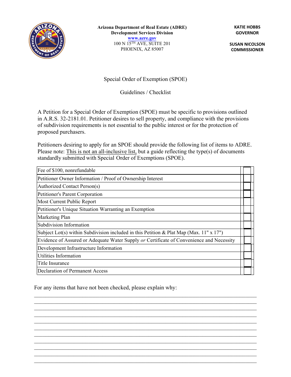 Special Order of Exemption (Spoe) - Arizona, Page 1