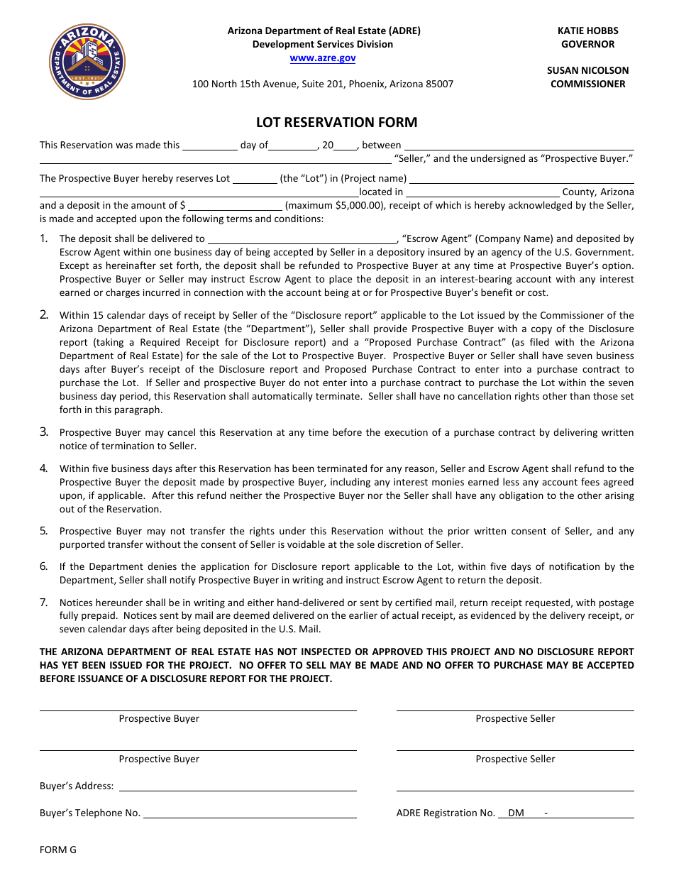 Form G Notice of Intent to Accept Lot Reservations - Arizona, Page 3