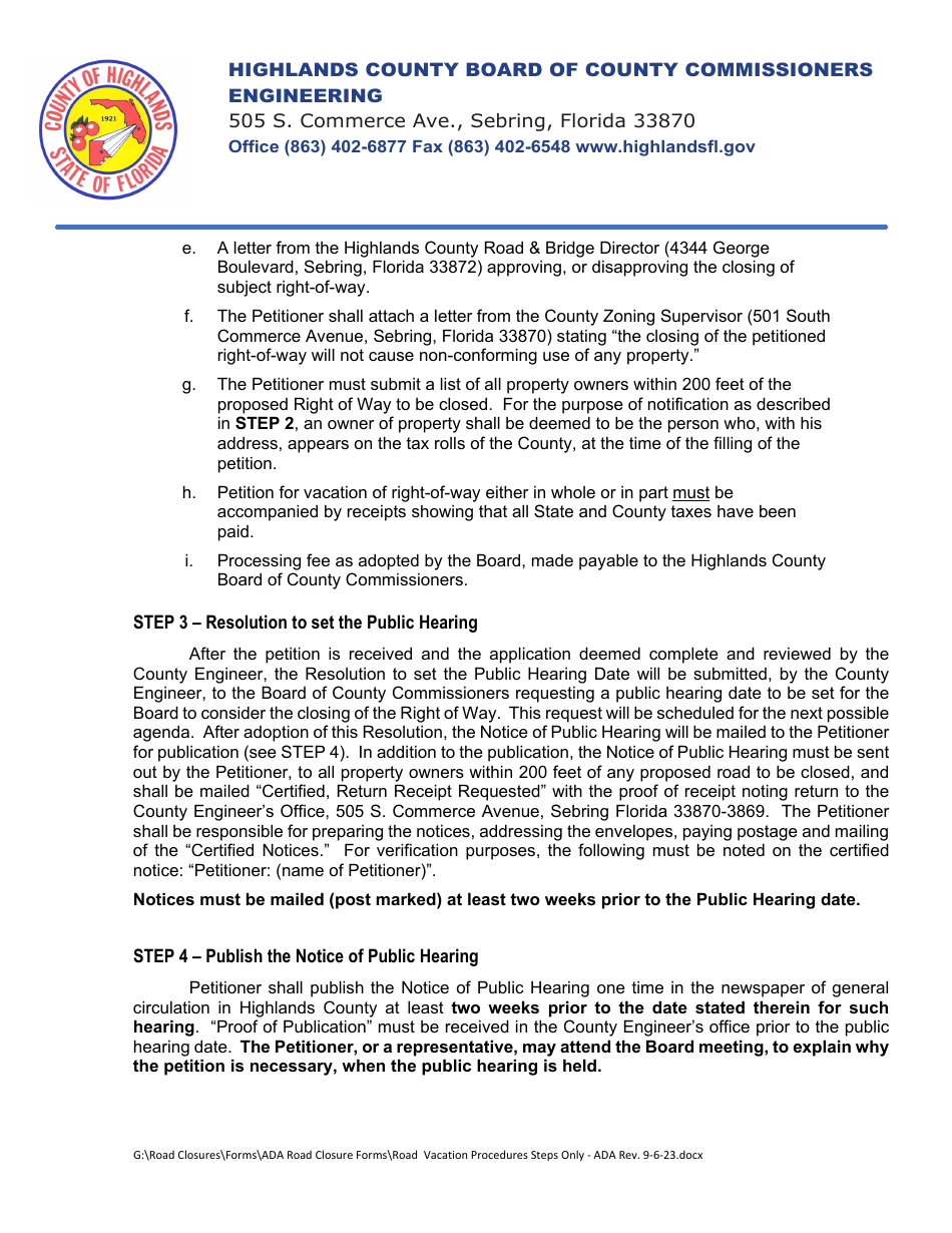 Procedures and Policy for Vacation of Right-Of-Way - Highlands County, Florida, Page 2