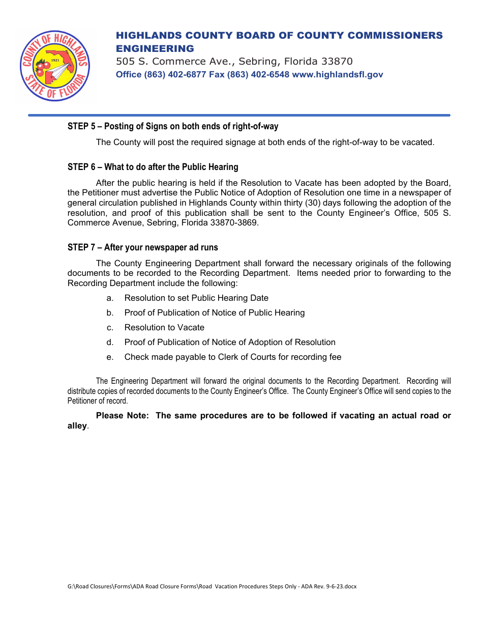 Procedures and Policy for Vacation of Right-Of-Way - Highlands County, Florida, Page 3