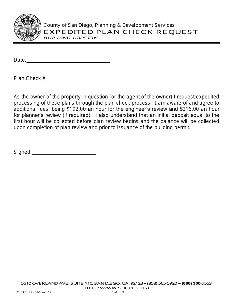 Form PDS617 Expedited Plan Check Request - County of San Diego, California, Page 1