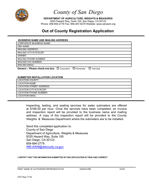 Out of County Registration Application - County of San Diego, California Download Pdf