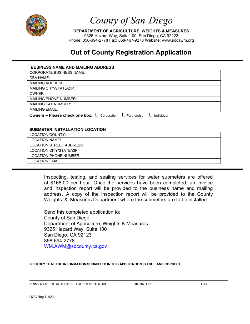 Out of County Registration Application - County of San Diego, California, Page 1