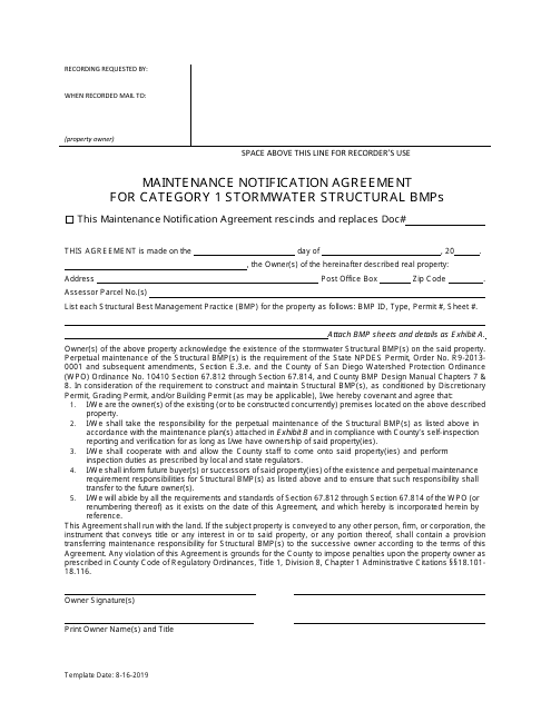 Maintenance Notification Agreement for Category 1 Stormwater Structural Bmps - County of San Diego, California