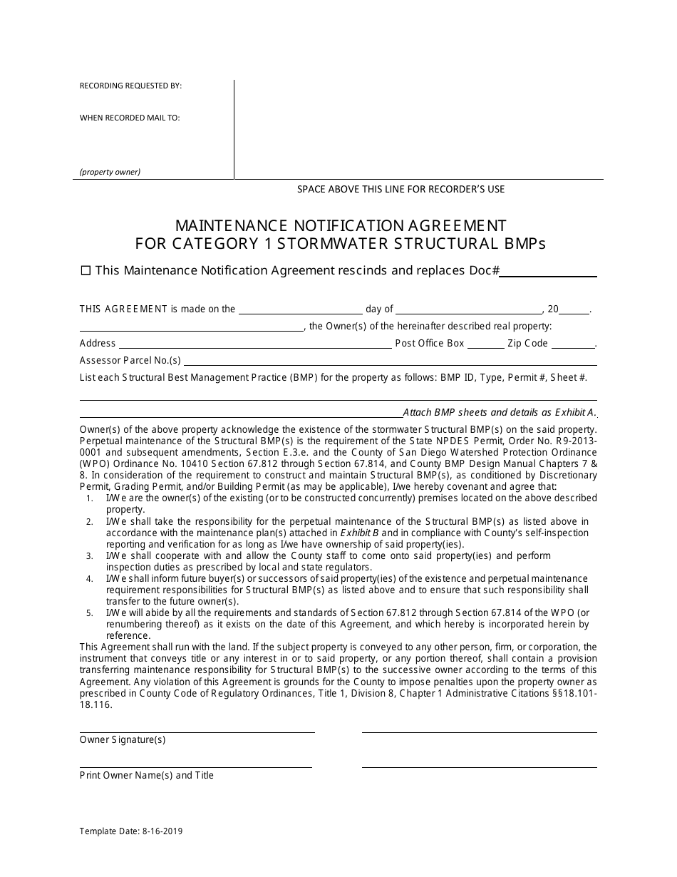Maintenance Notification Agreement for Category 1 Stormwater Structural Bmps - County of San Diego, California, Page 1