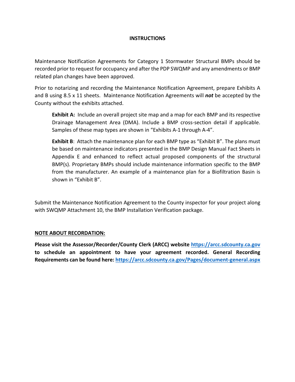 Maintenance Notification Agreement for Category 1 Stormwater Structural Bmps - County of San Diego, California, Page 2