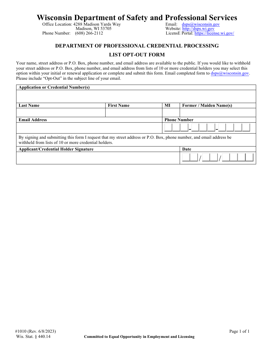 Form 1010 List Opt-Out Form - Wisconsin, Page 1