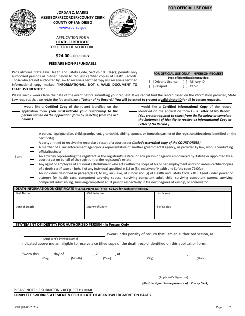 Form V03 Application for a Death Certificate or Letter of No Record - County of San Diego, California