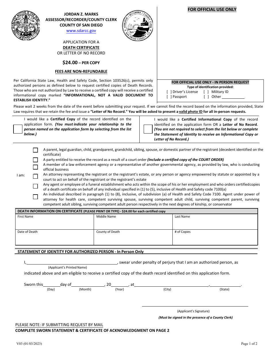 Form V03 Application for a Death Certificate or Letter of No Record - County of San Diego, California, Page 1