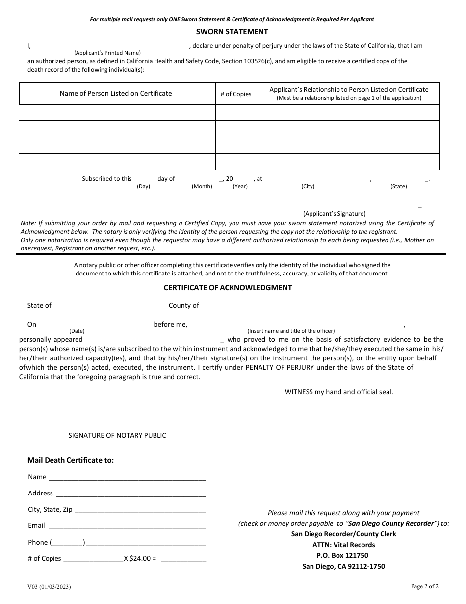 Form V03 Application for a Death Certificate or Letter of No Record - County of San Diego, California, Page 2