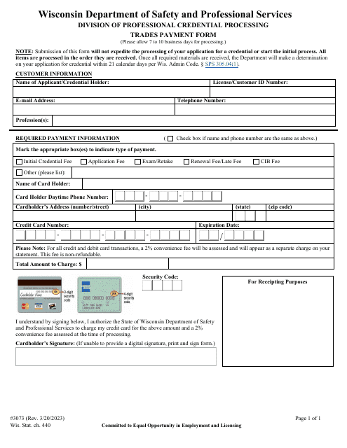 Form 3073 Trades Payment Form - Wisconsin