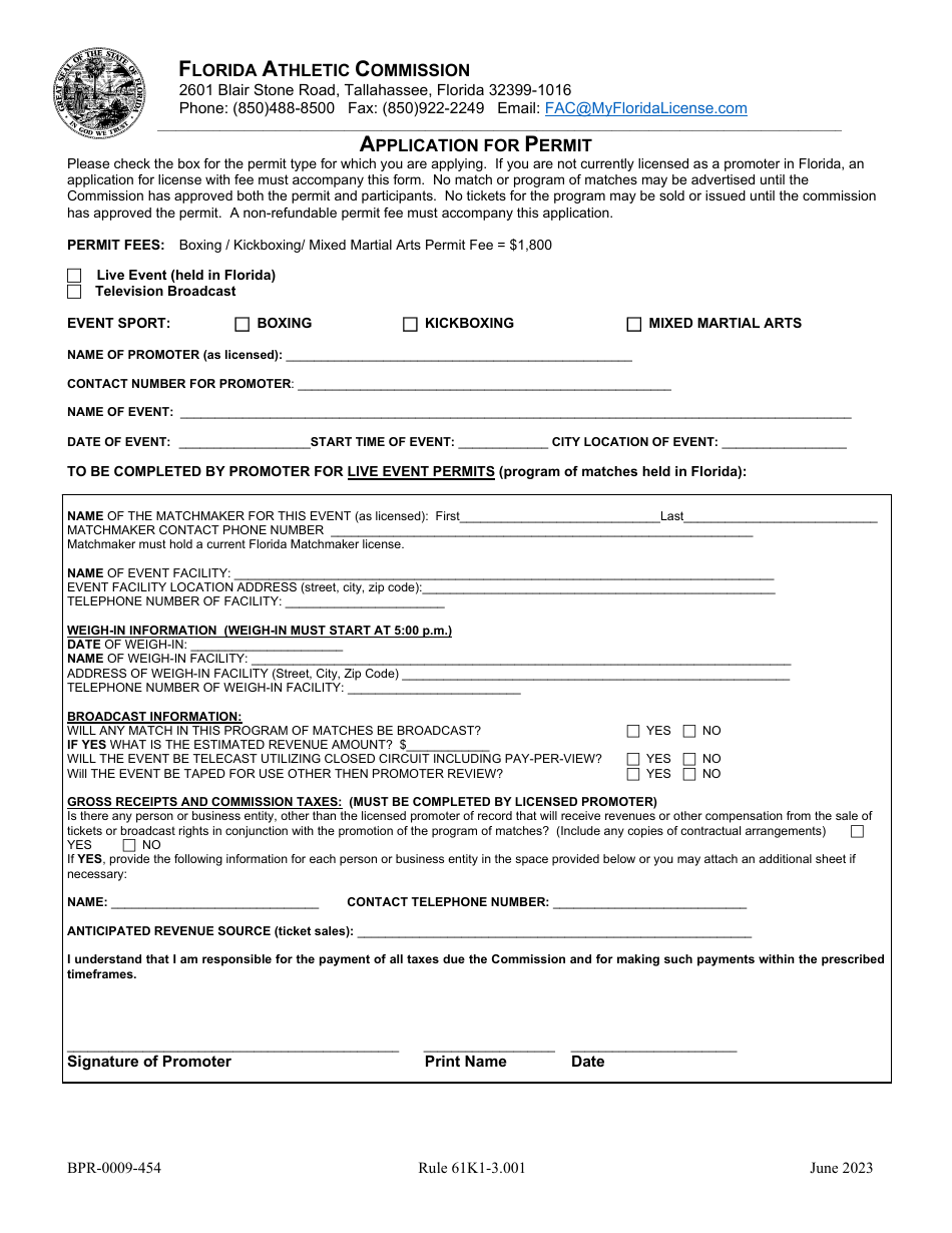 Form BPR-0009-454 Application for Permit - Florida, Page 1