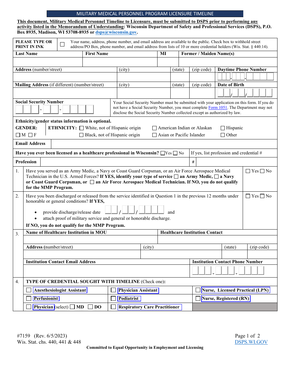 Form 7159 Military Medical Personnel Program Licensure Timeline - Wisconsin, Page 1