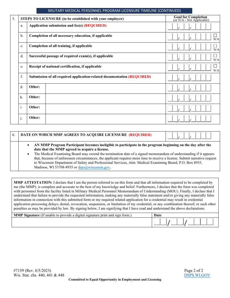 Form 7159 Military Medical Personnel Program Licensure Timeline - Wisconsin, Page 2