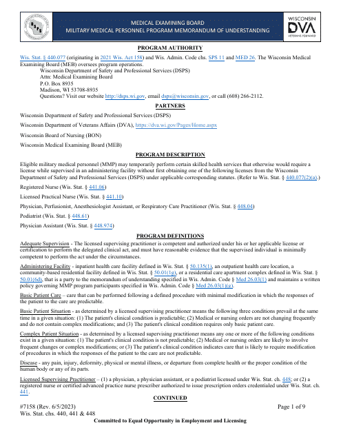 Form 7158 Military Medical Personnel Program Memorandum of Understanding - Wisconsin