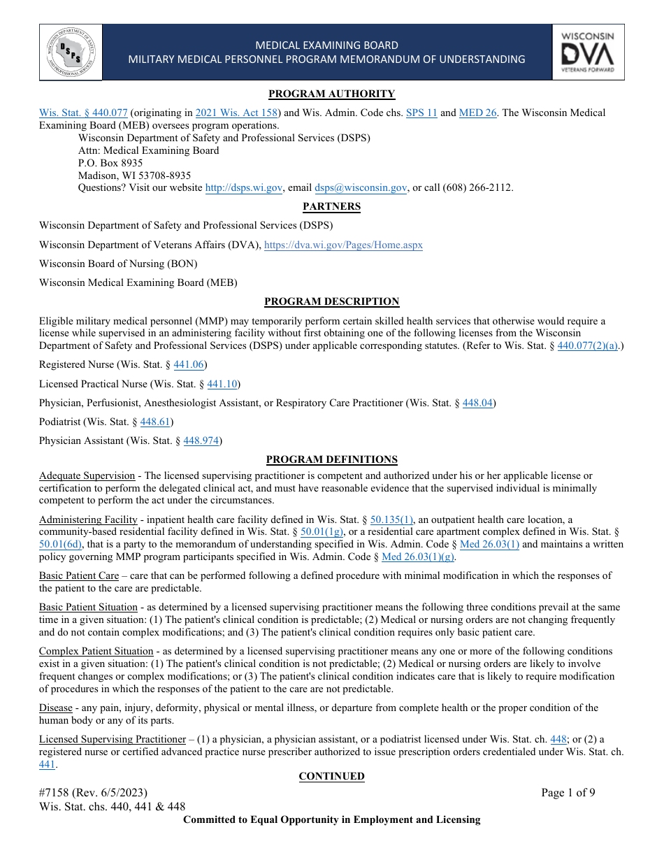 Form 7158 Military Medical Personnel Program Memorandum of Understanding - Wisconsin, Page 1