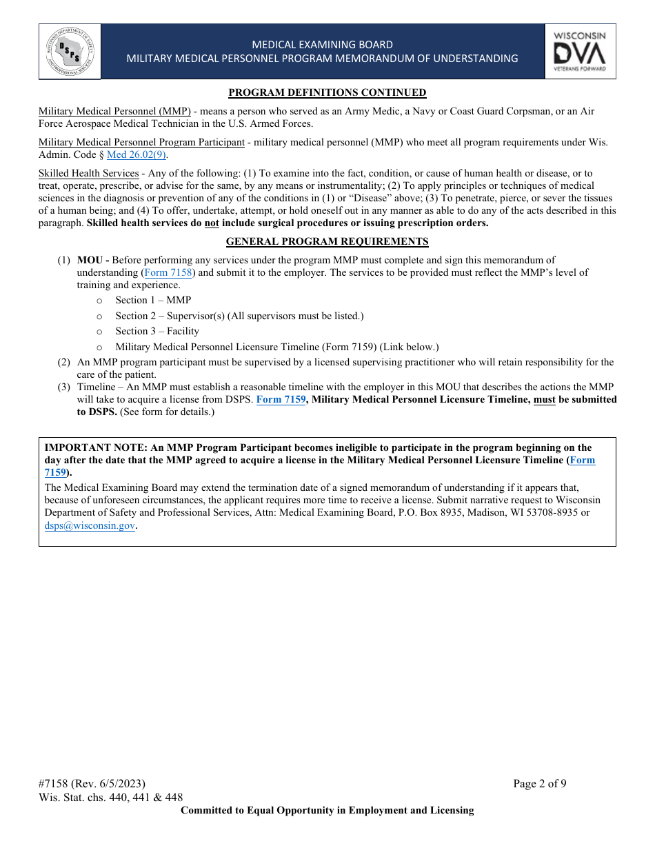 Form 7158 Military Medical Personnel Program Memorandum of Understanding - Wisconsin, Page 2