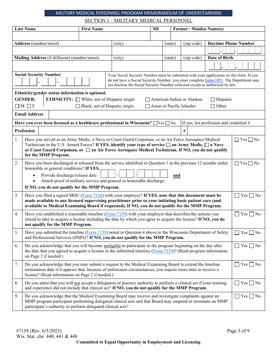 Form 7158 Military Medical Personnel Program Memorandum of Understanding - Wisconsin, Page 3