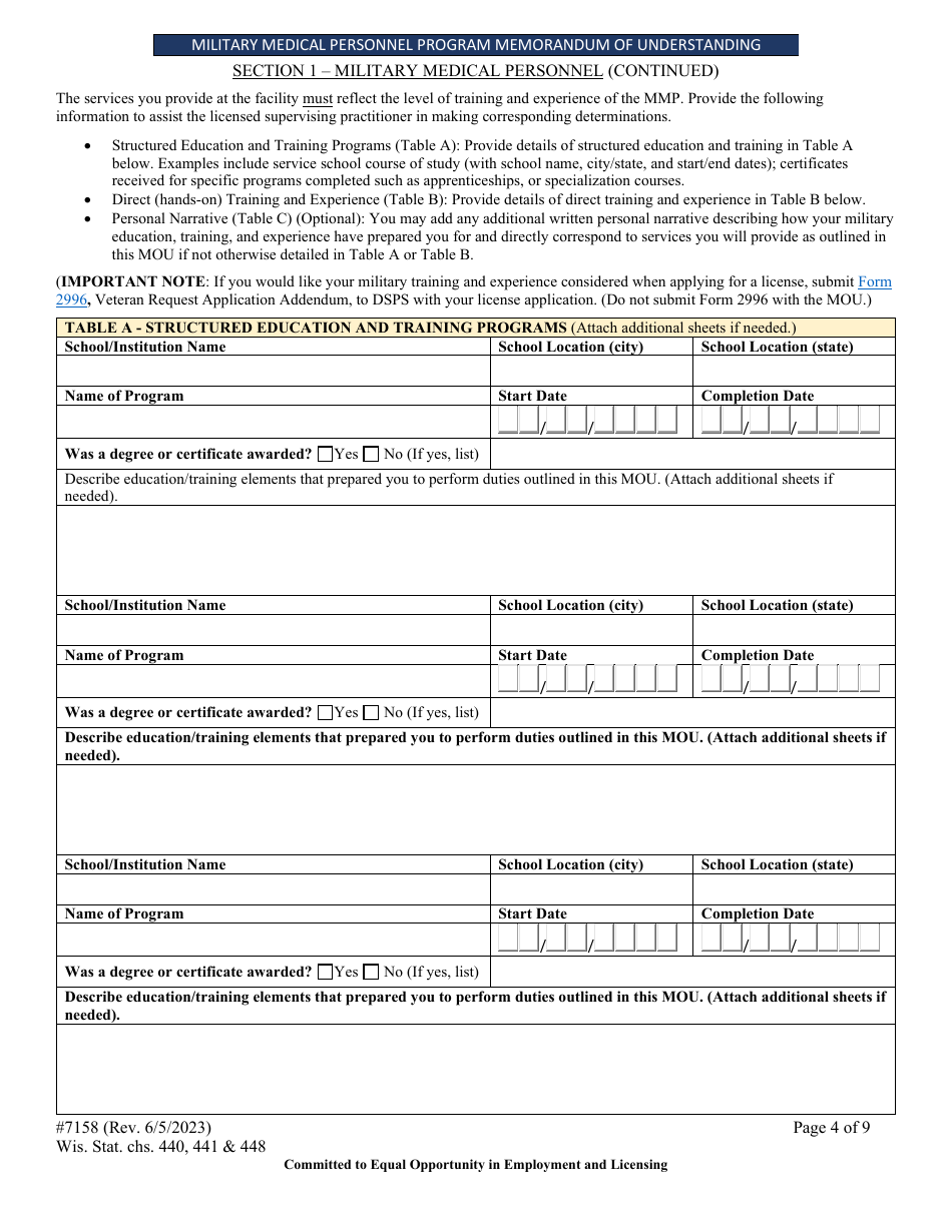 Form 7158 Military Medical Personnel Program Memorandum of Understanding - Wisconsin, Page 4