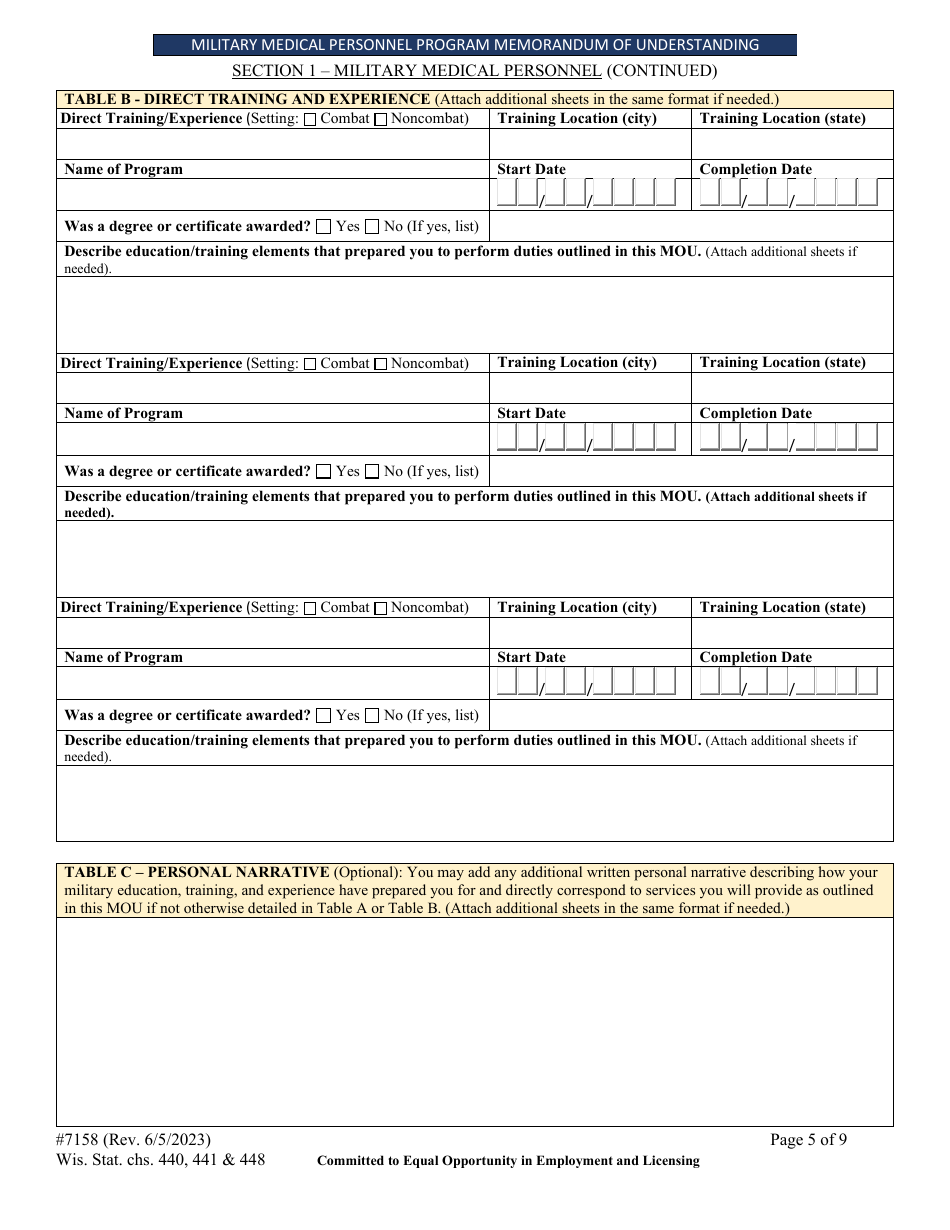 Form 7158 Military Medical Personnel Program Memorandum of Understanding - Wisconsin, Page 5