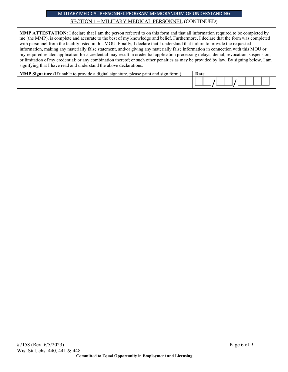 Form 7158 Military Medical Personnel Program Memorandum of Understanding - Wisconsin, Page 6