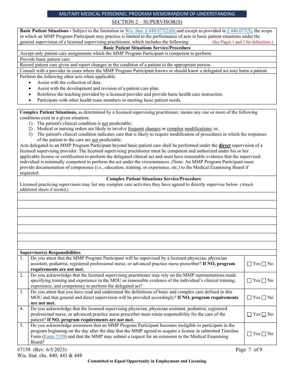 Form 7158 Military Medical Personnel Program Memorandum of Understanding - Wisconsin, Page 7