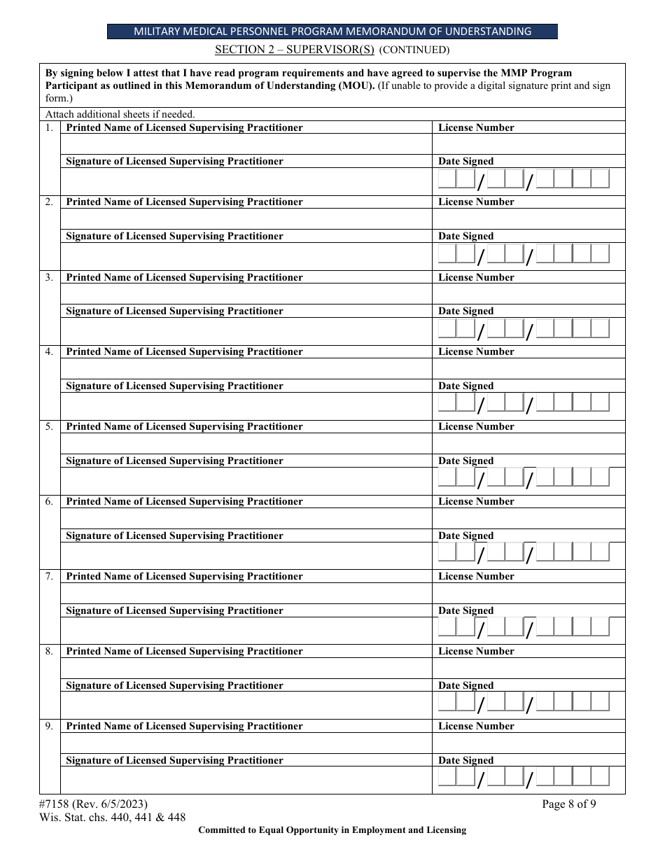 Form 7158 Military Medical Personnel Program Memorandum of Understanding - Wisconsin, Page 8