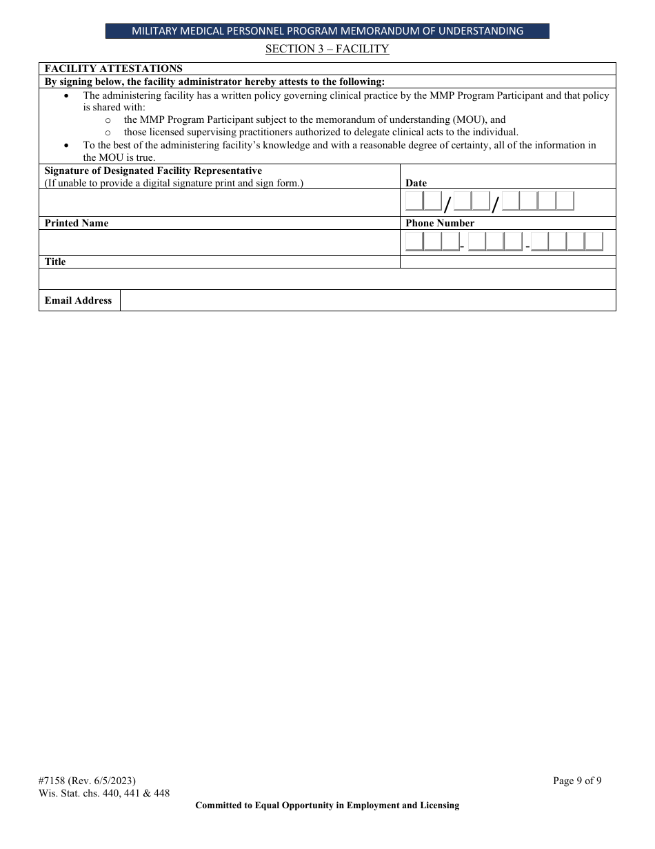 Form 7158 Military Medical Personnel Program Memorandum of Understanding - Wisconsin, Page 9