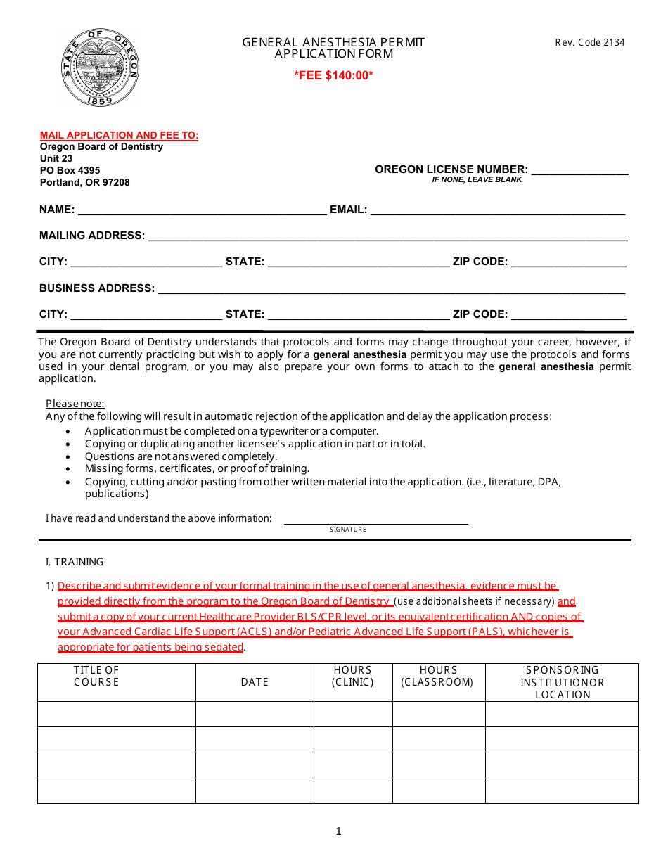 General Anesthesia Permit Application Form - Oregon, Page 3