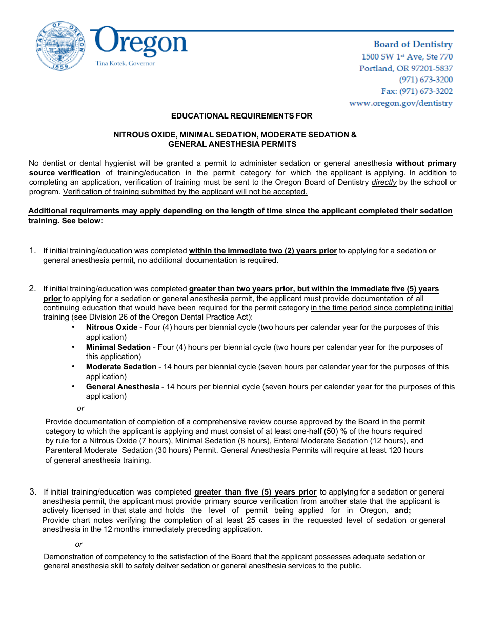 Minimal Sedation Permit Applciation Form - Oregon, Page 1