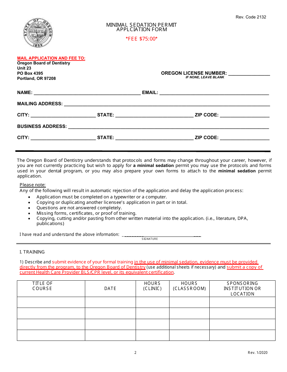 Minimal Sedation Permit Applciation Form - Oregon, Page 3