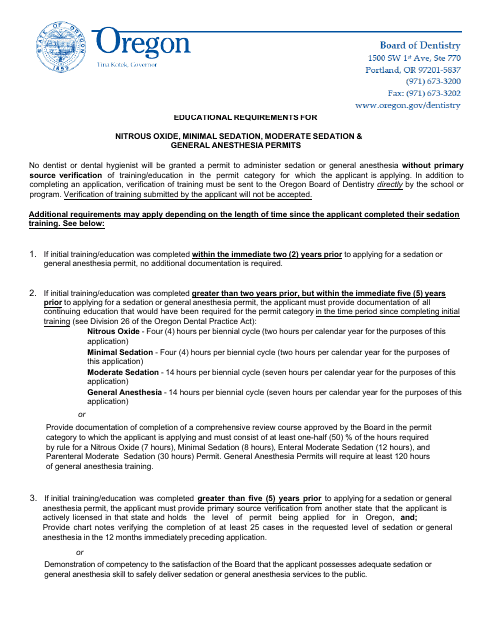 Moderate Sedation Permit Application Form - Oregon