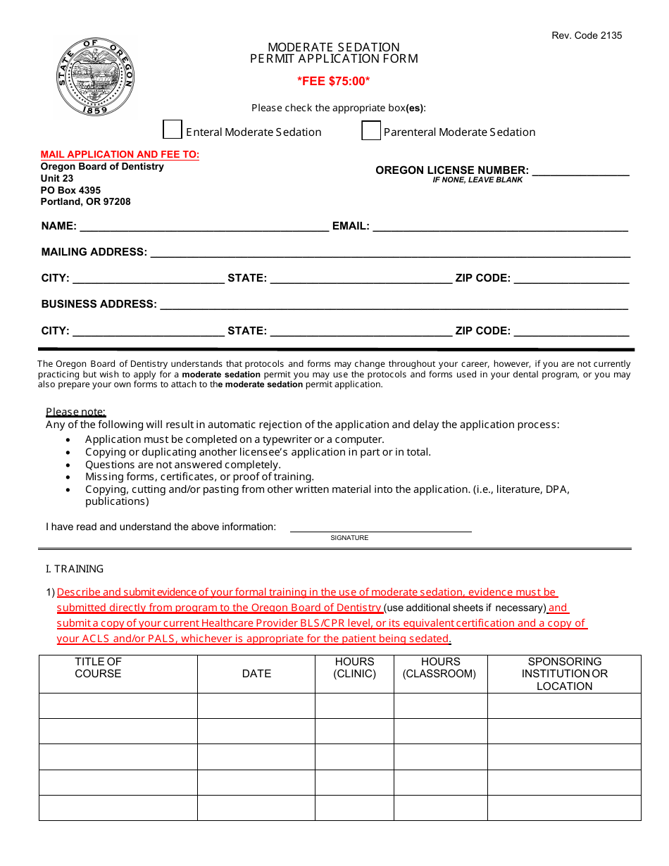 Moderate Sedation Permit Application Form - Oregon, Page 3