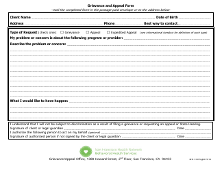 Document preview: Form BHS316 Grievance and Appeal Form - City and County of San Francisco, California