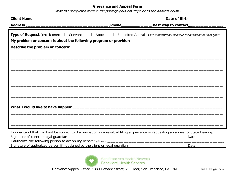 Form BHS316 Grievance and Appeal Form - City and County of San Francisco, California, Page 1