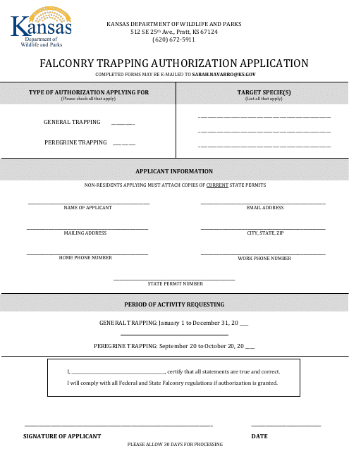 Falconry Trapping Authorization Application - Kansas Download Pdf