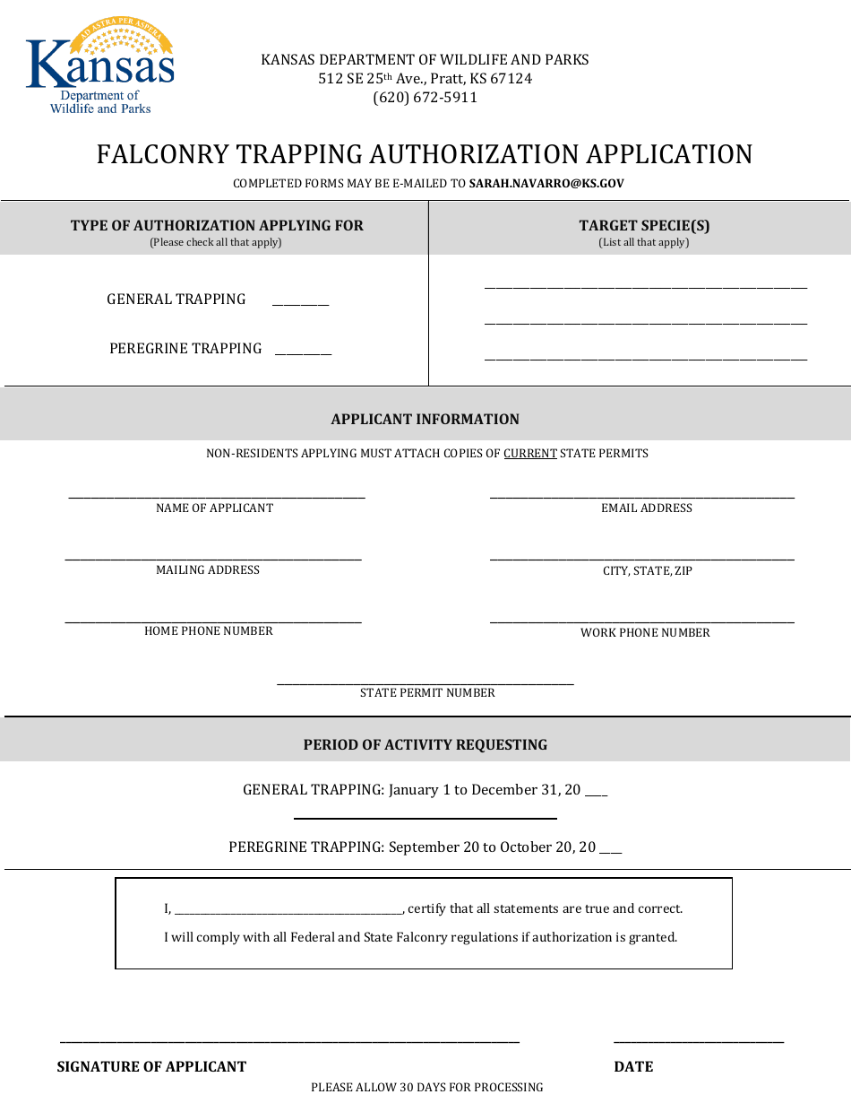 Falconry Trapping Authorization Application - Kansas, Page 1