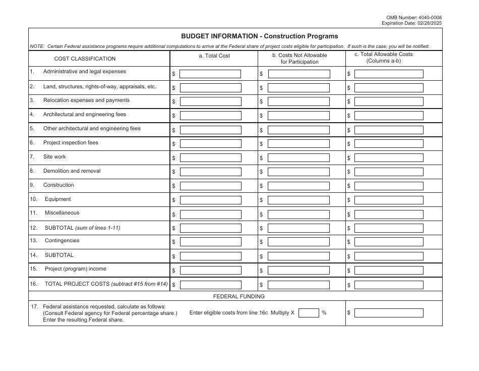 Form SF424C Budget Information - Construction Programs, Page 1