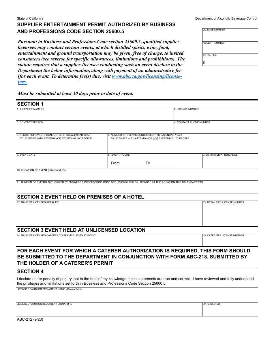 Form ABC-212 Download Fillable PDF or Fill Online Supplier ...